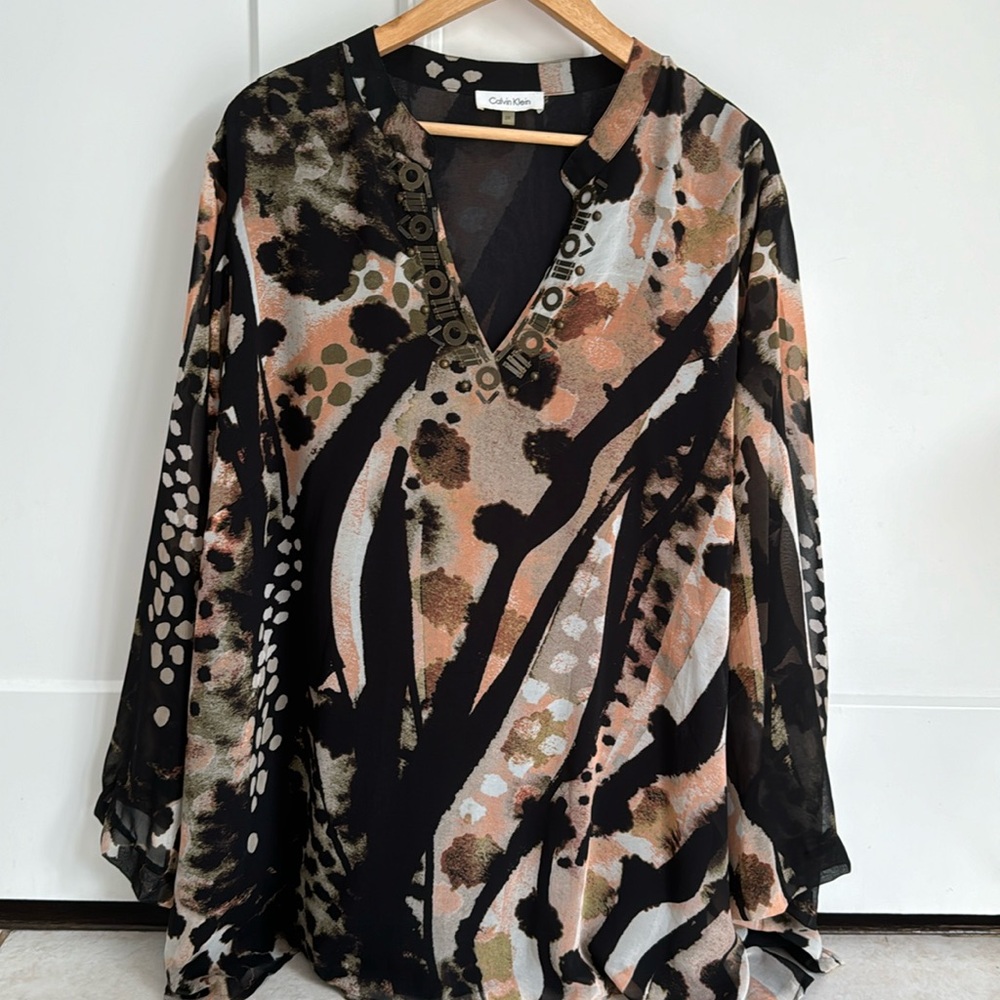 Calvin Klein Semi Shear V Neck Beaded Tunic Blouse